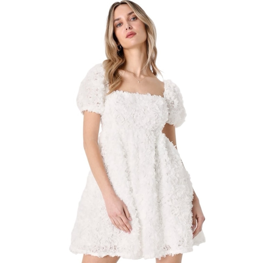LULUS Precious Passion White Floral Puff Sleeve Babydoll Dress sz L Wedding Mini - Picture 4 of 9